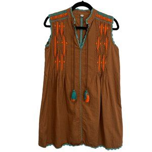 Ivy Jane Brown Teal Embroidered Sleeveless Boho Tassels Dress Womens Size XS